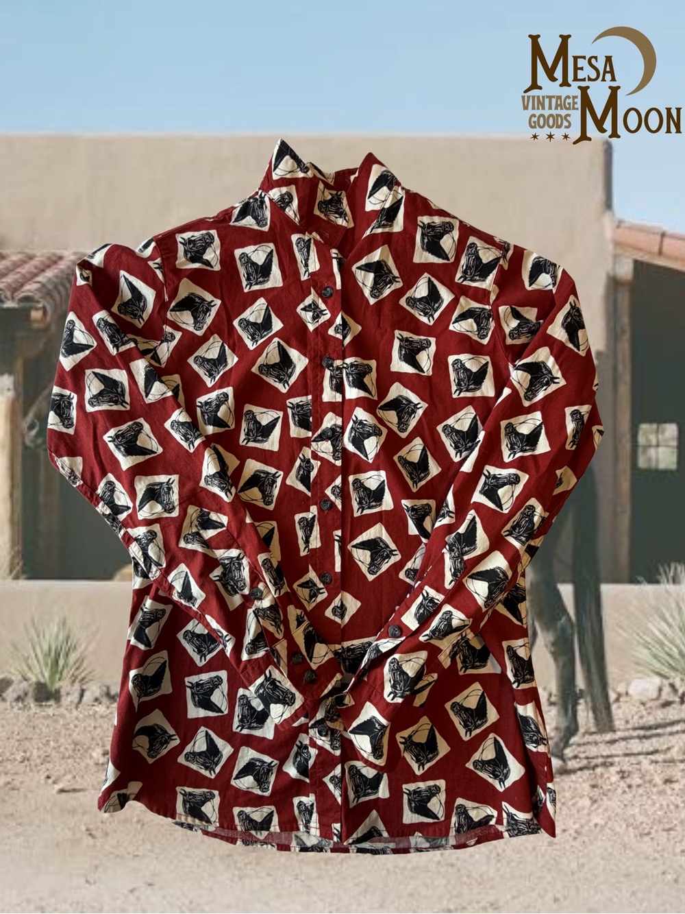Vintage Red Button-Up Shirt with Black & White horse Print